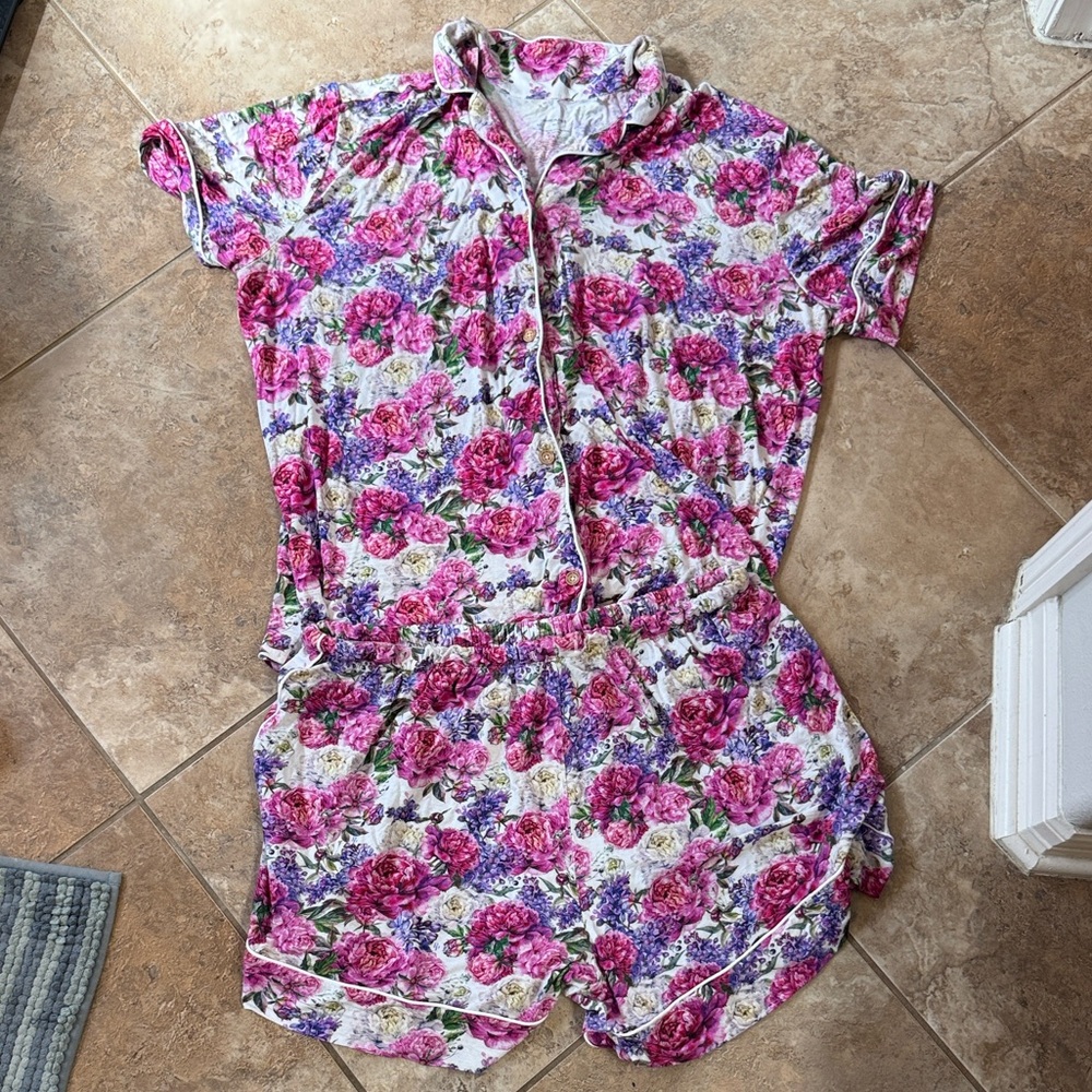 Posh Peanut Floral Pink Purple White Short Sleeve Pajama Romper